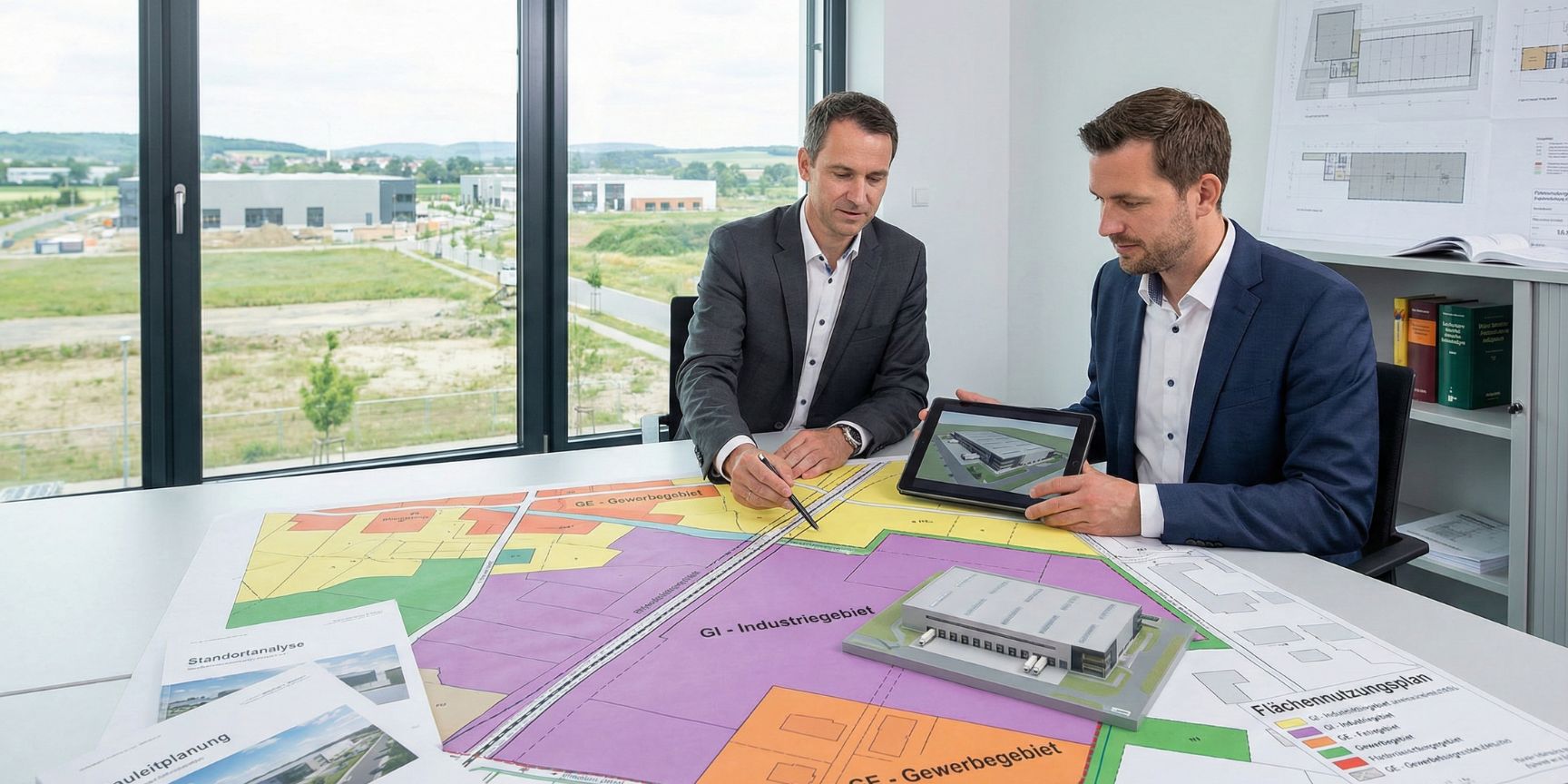Zwei professionelle Stadtplaner und Logistikentwickler besprechen in einem modernen Büro einen großformatigen, farbcodierten Flächennutzungsplan (FNP) auf einem Tisch. Ein Planer zeigt mit einem Stift auf ein als 'GI - Industriegebiet' markiertes Areal, auf dem ein detailgetreues Modell einer Logistikhalle platziert ist. Der andere Mann hält ein Tablet mit einem 3D-Rendering der geplanten Logistikimmobilie. Im Hintergrund ist durch ein großes Fenster ein im Bau befindliches Gewerbegebiet zu sehen. Auf dem Tisch liegen weitere Dokumente zur Bauleitplanung und Standortanalyse. Dieses Bild illustriert die strategische Planung und Standortwahl für Logistikimmobilien auf Basis eines kommunalen Flächennutzungsplans.